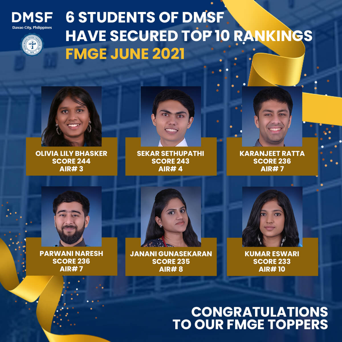 DMSF's six toppers at FMGE June 2021